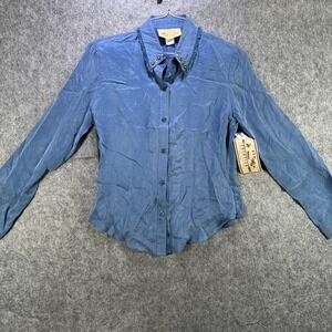 New Frontier Shirt Womens Small Blue Fringe Studded Collar Western Velvet